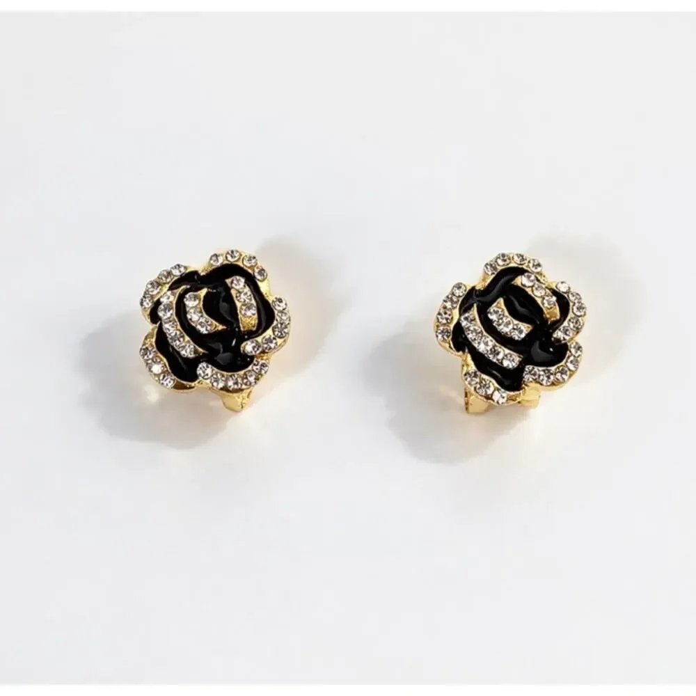 Black Gold Rhinestone Flower Earrings New